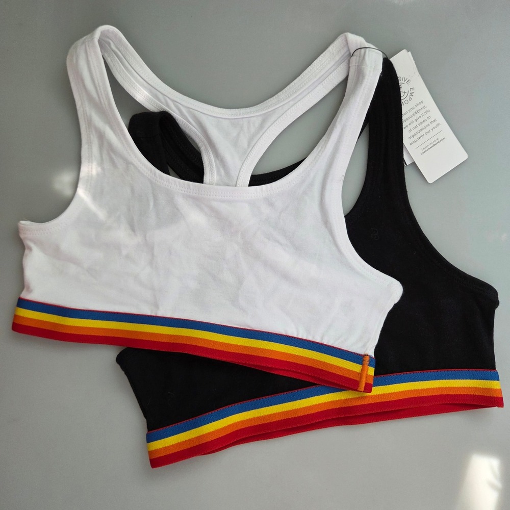 Treasure & Bond Girls 2-Pack Rainbow Racerback Sports Bras Black White 10/12